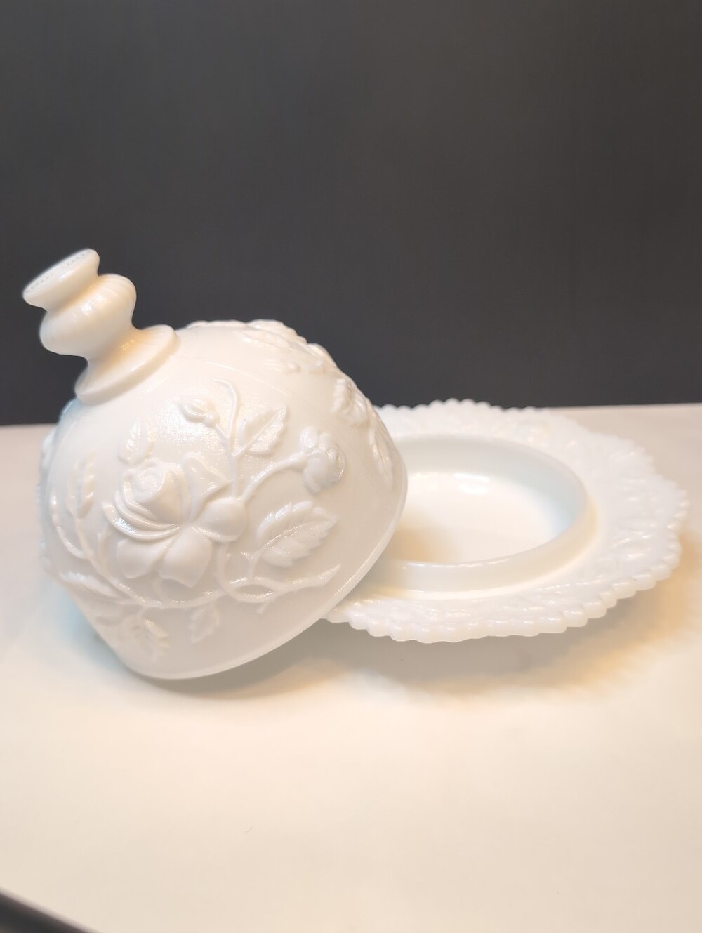 Vintage Imperial Glass Milk Glass Covered Butter Dish With Rose Embossed Pattern